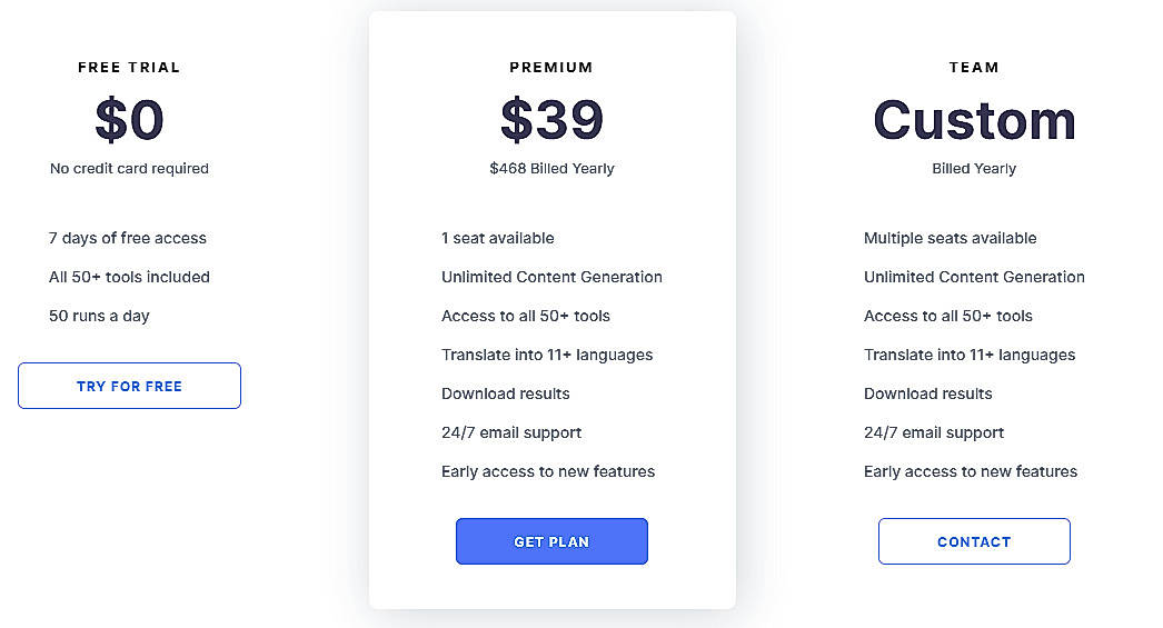 Pricing screenshot