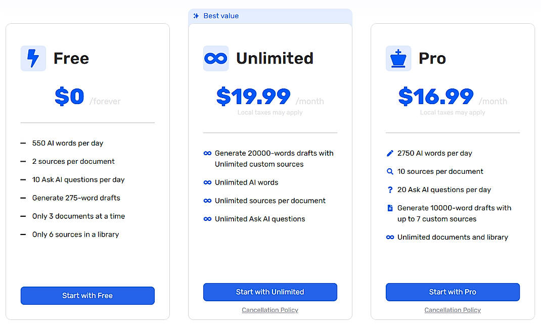 Pricing screenshot