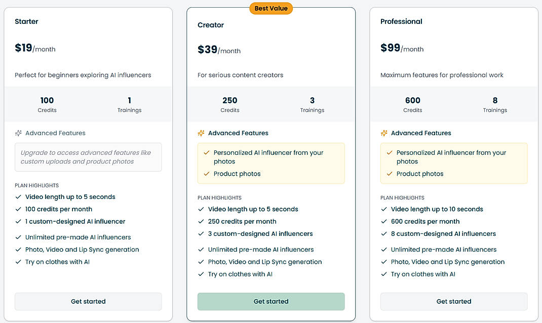 Pricing screenshot