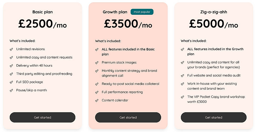 Pricing screenshot