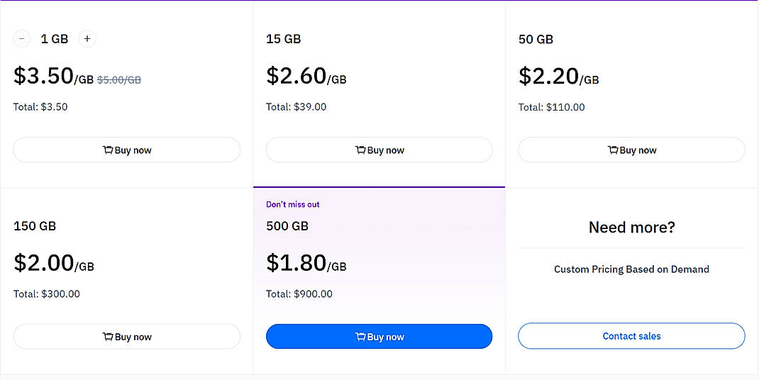 Pricing screenshot
