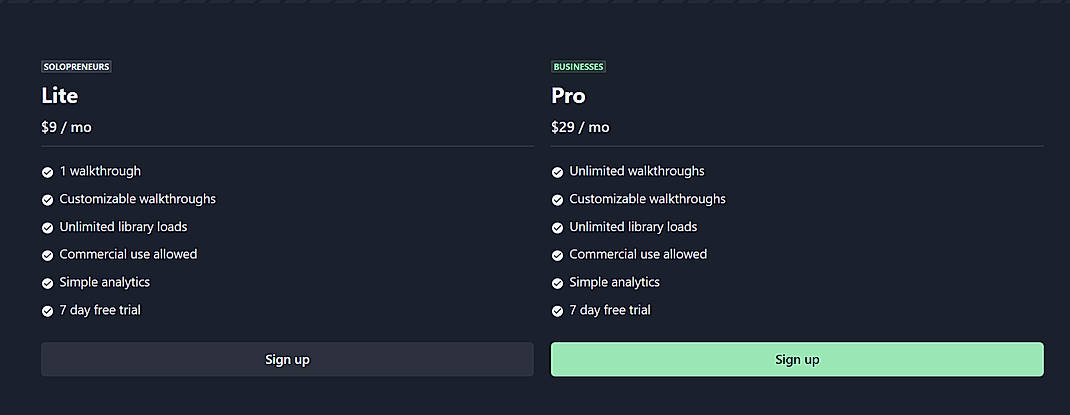 Pricing screenshot