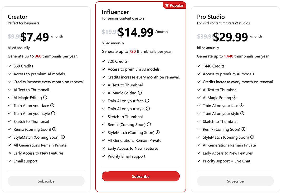 Pricing screenshot