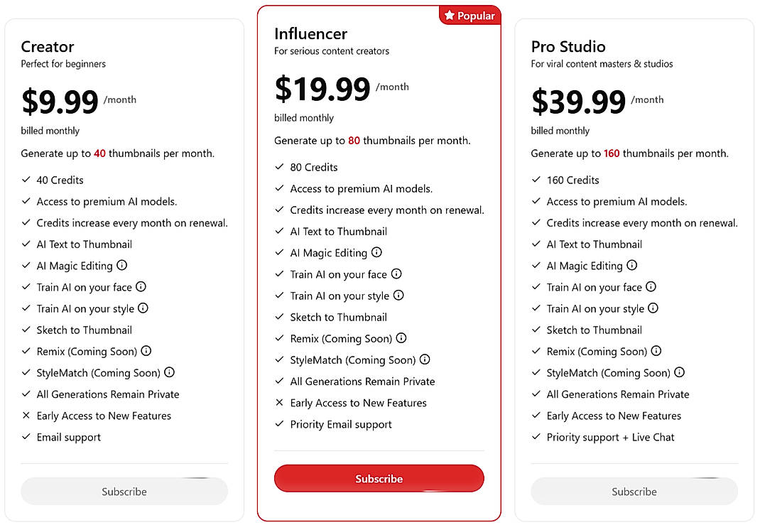 Pricing screenshot