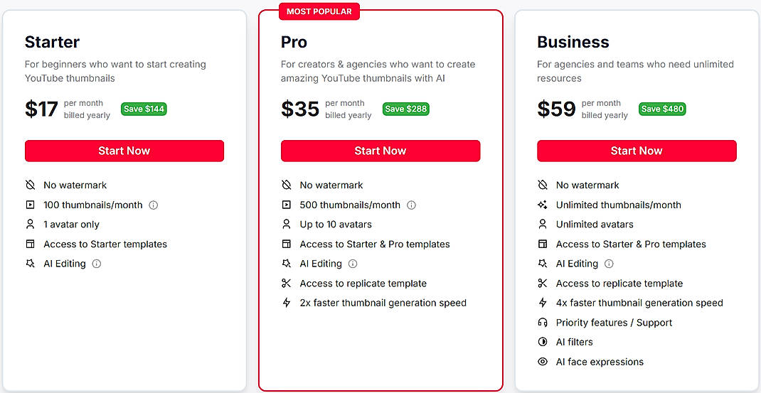 Pricing screenshot