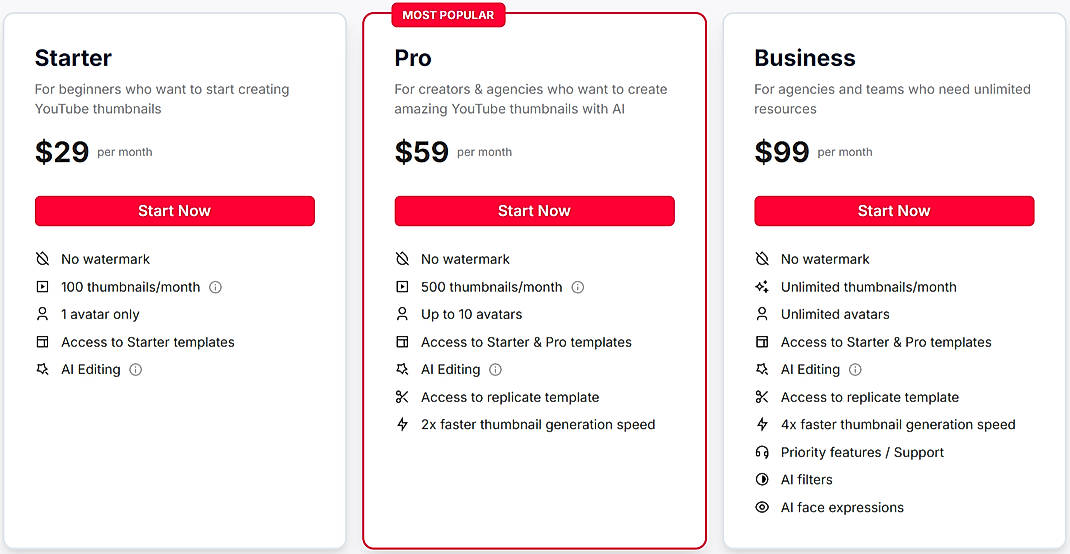 Pricing screenshot