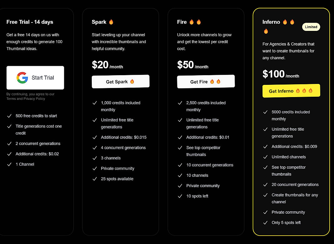 Pricing screenshot