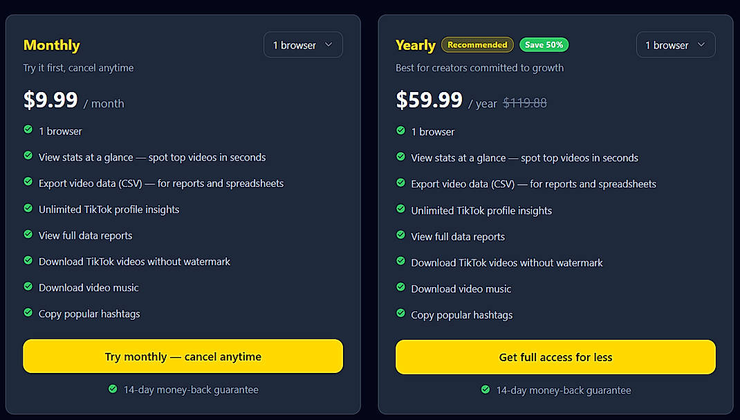 Pricing screenshot