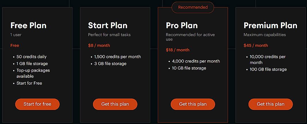 Pricing screenshot