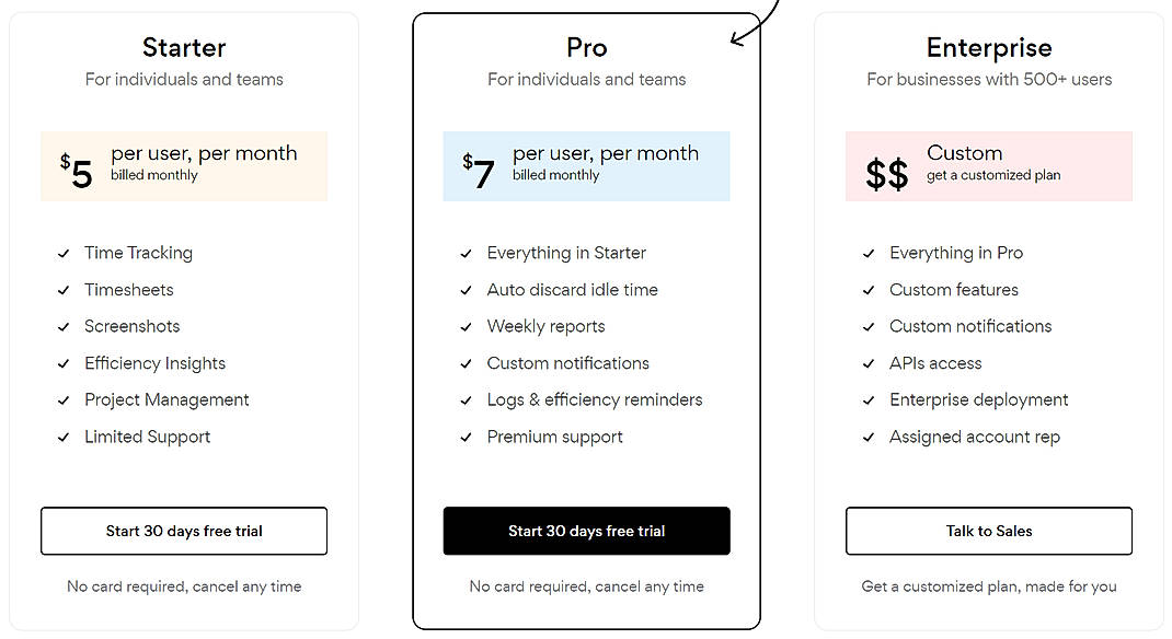 Pricing screenshot