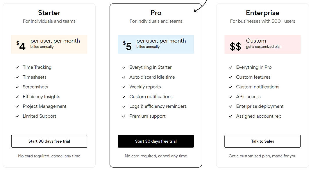 Pricing screenshot