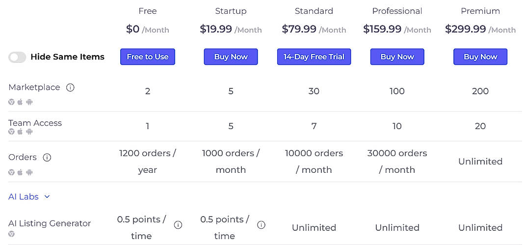 Pricing screenshot