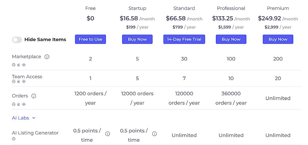 Pricing screenshot