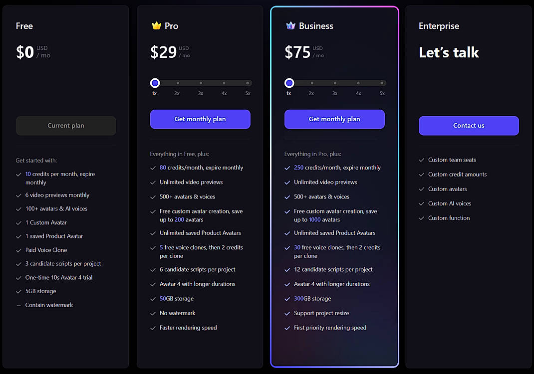Pricing screenshot