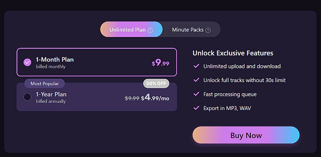 Pricing screenshot