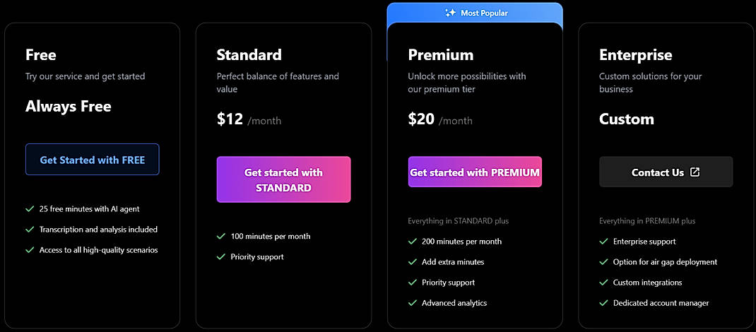 Pricing screenshot