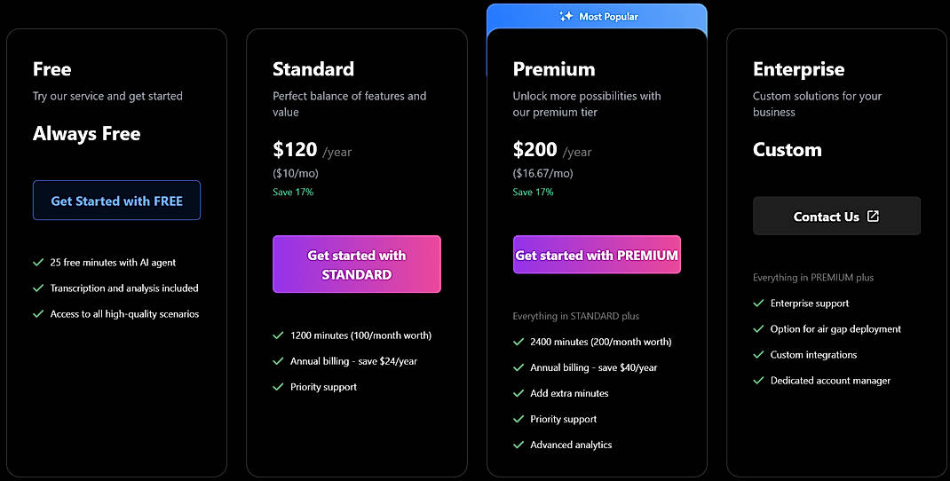 Pricing screenshot