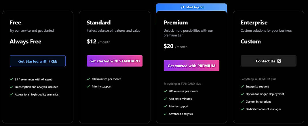 Pricing screenshot