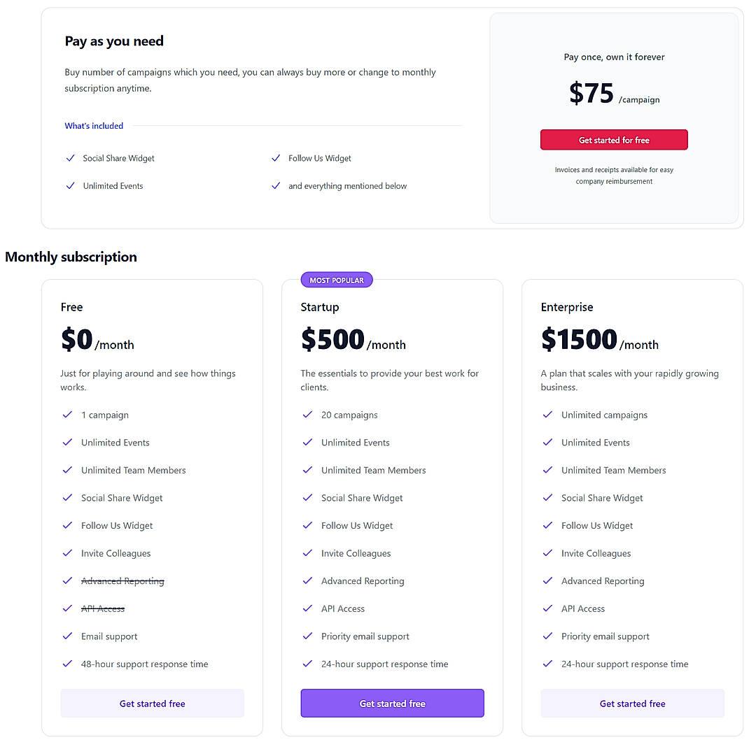 Pricing screenshot