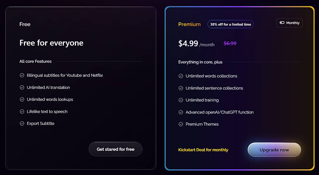 Pricing screenshot