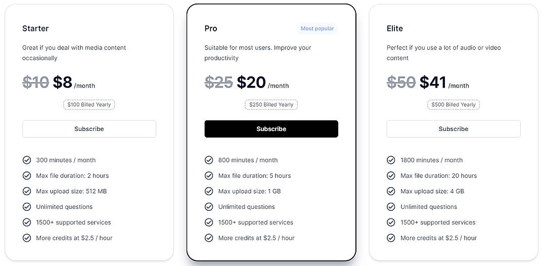Pricing screenshot