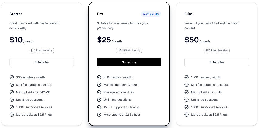 Pricing screenshot