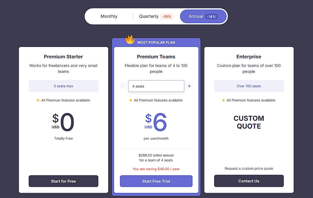 Pricing screenshot