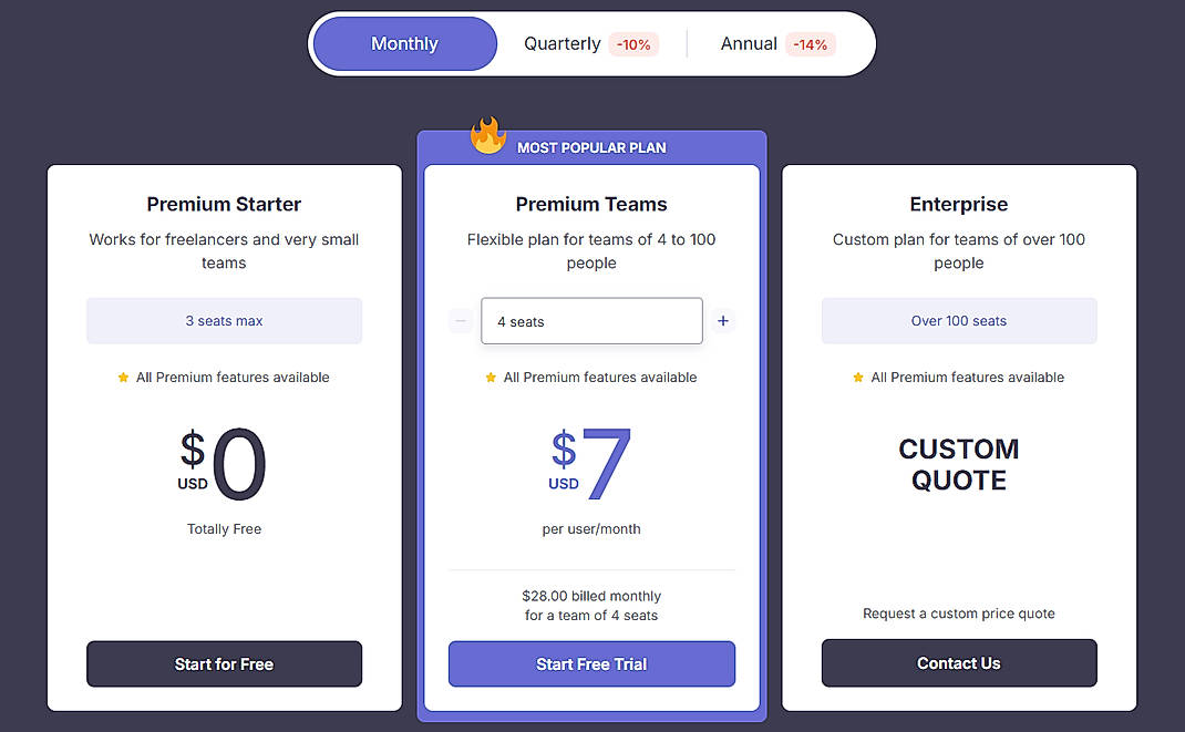 Pricing screenshot