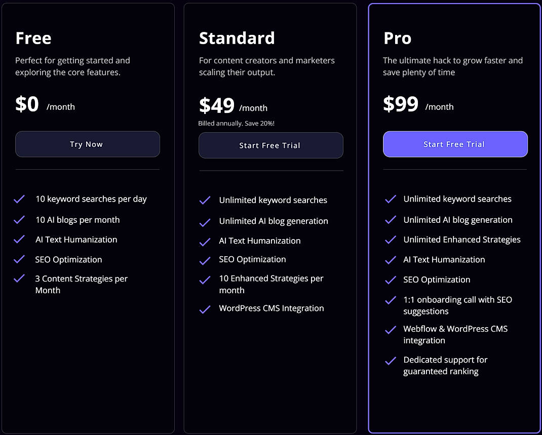 Pricing screenshot