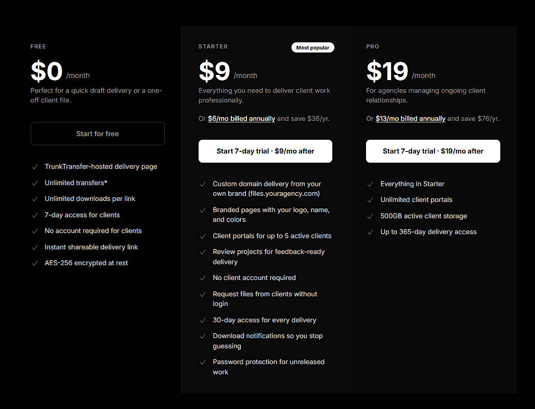 Pricing screenshot