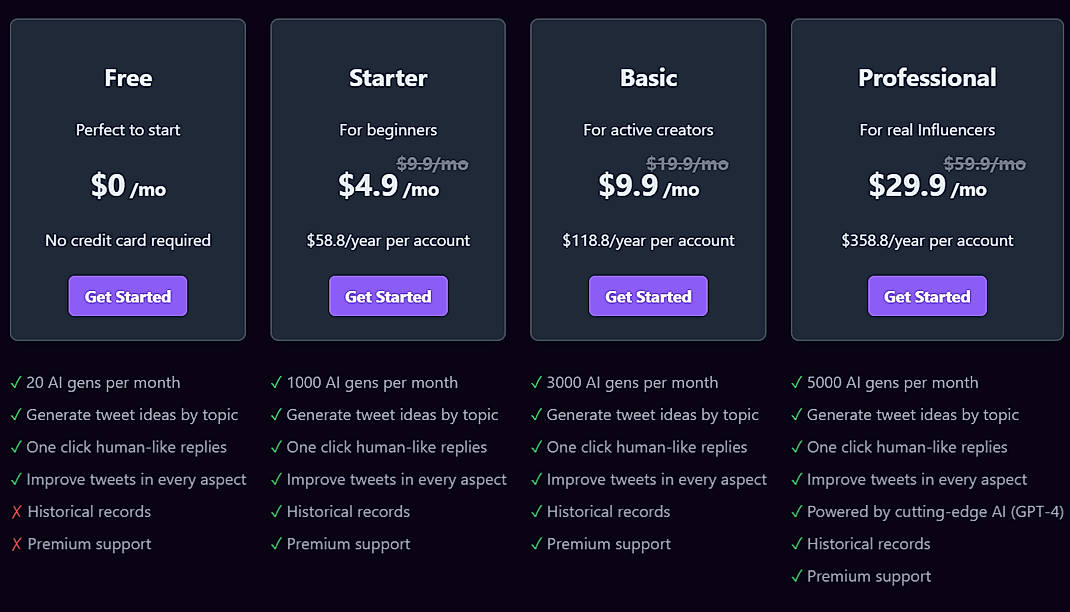 Pricing screenshot