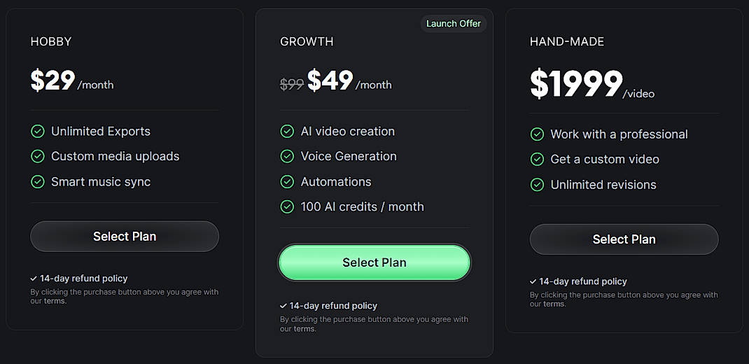 Pricing screenshot