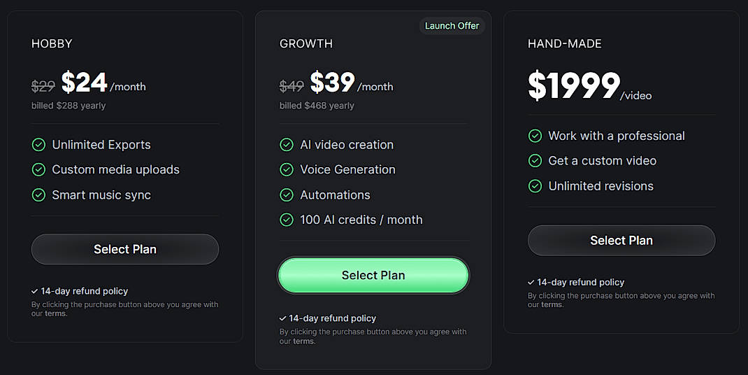 Pricing screenshot