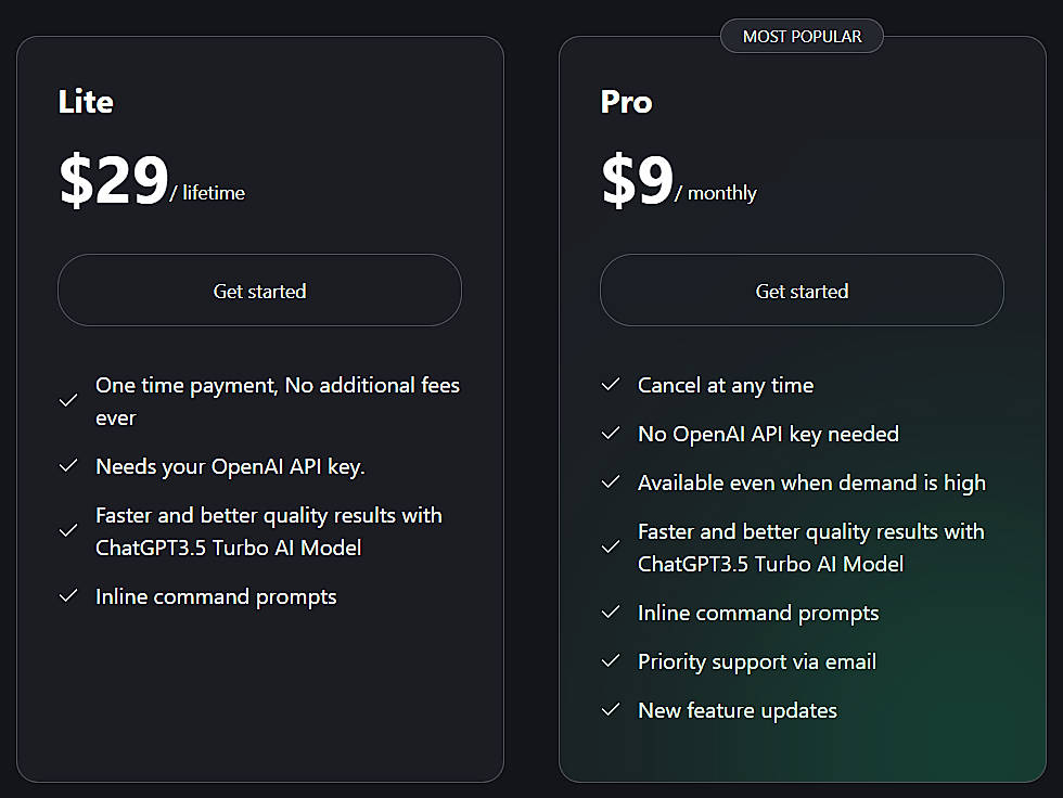 Pricing screenshot