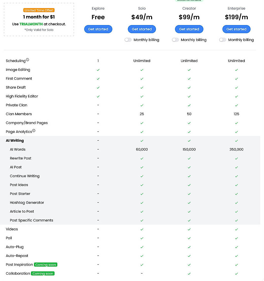 Pricing screenshot