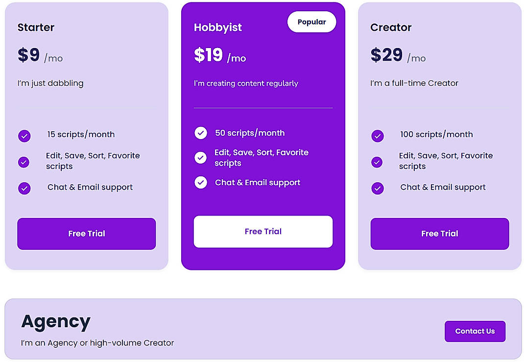 Pricing screenshot