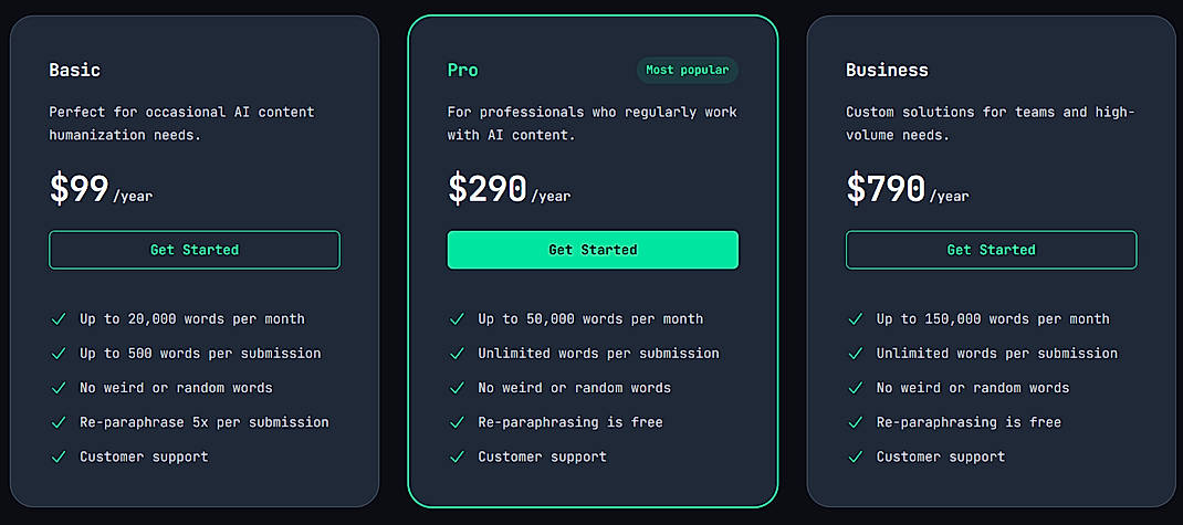 Pricing screenshot