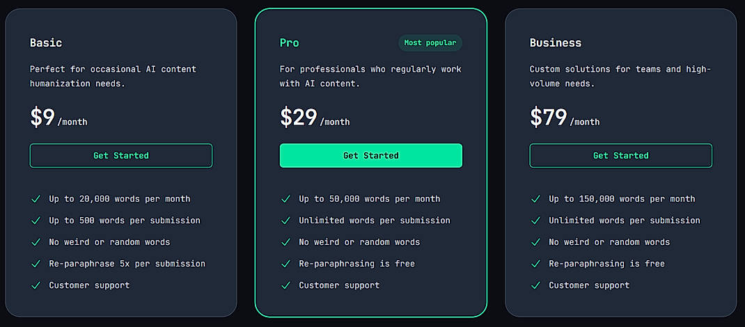 Pricing screenshot