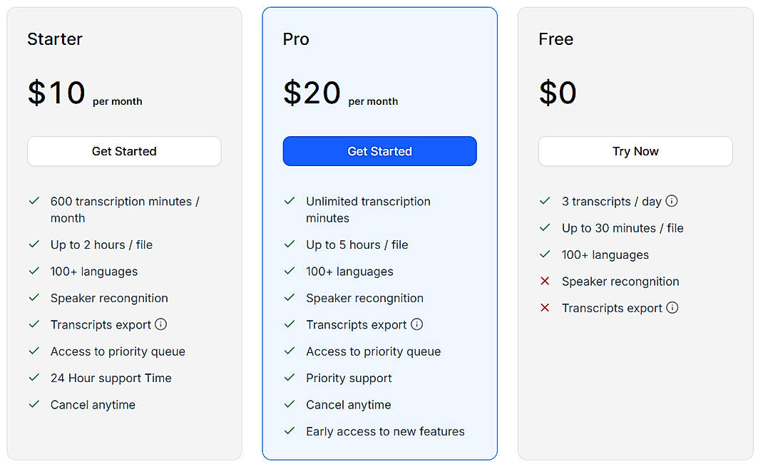 Pricing screenshot