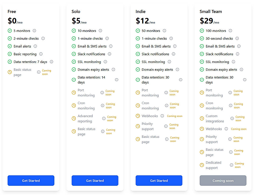 Pricing screenshot