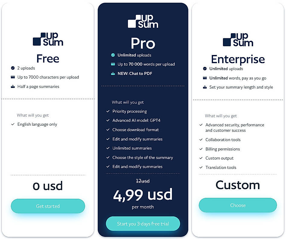 Pricing screenshot