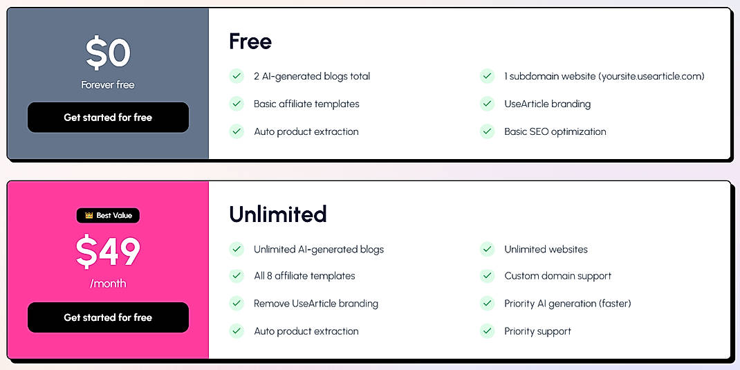 Pricing screenshot