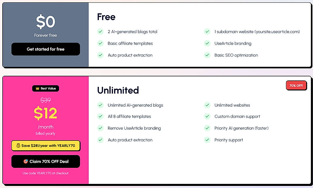 Pricing screenshot