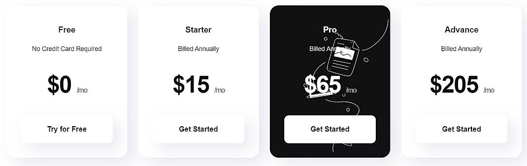 Pricing screenshot