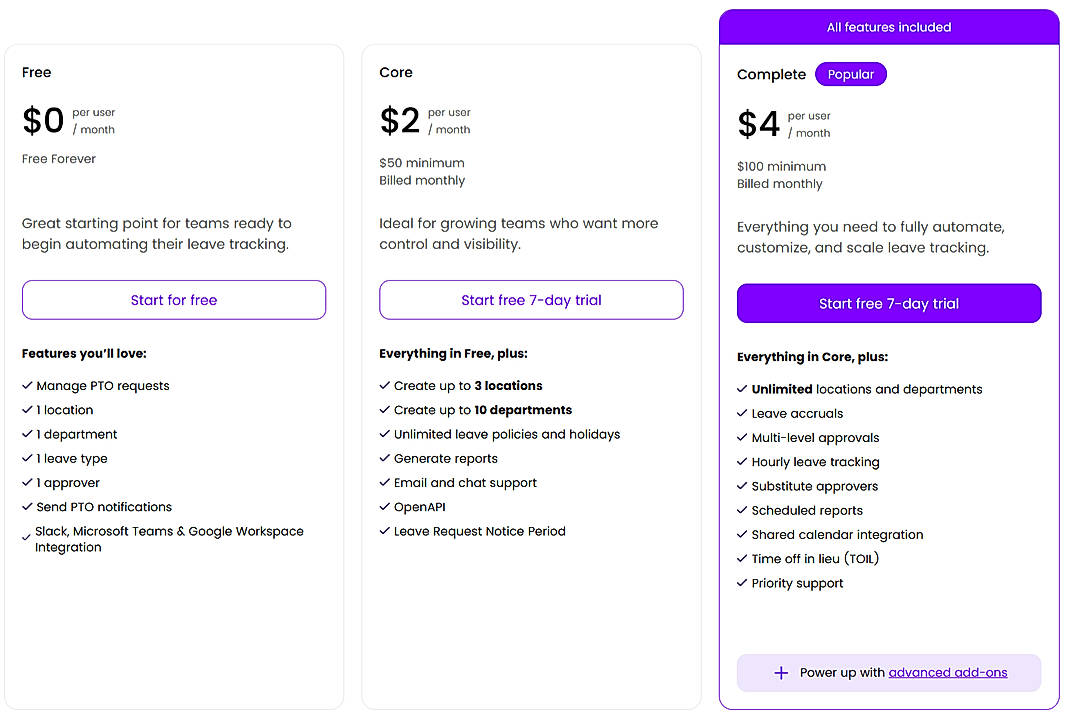 Pricing screenshot