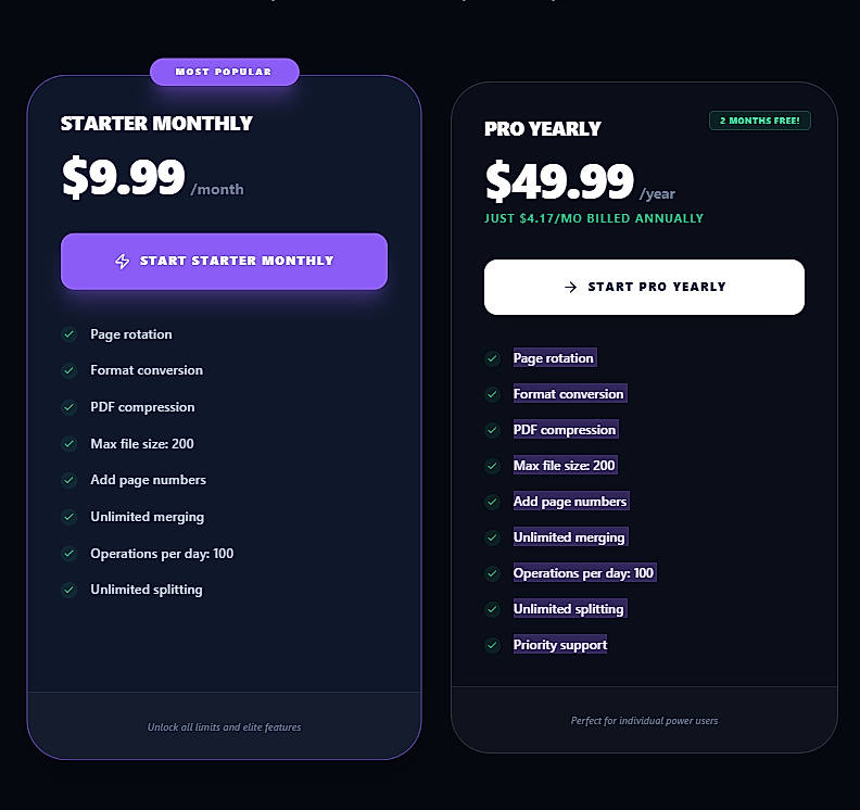 Pricing screenshot