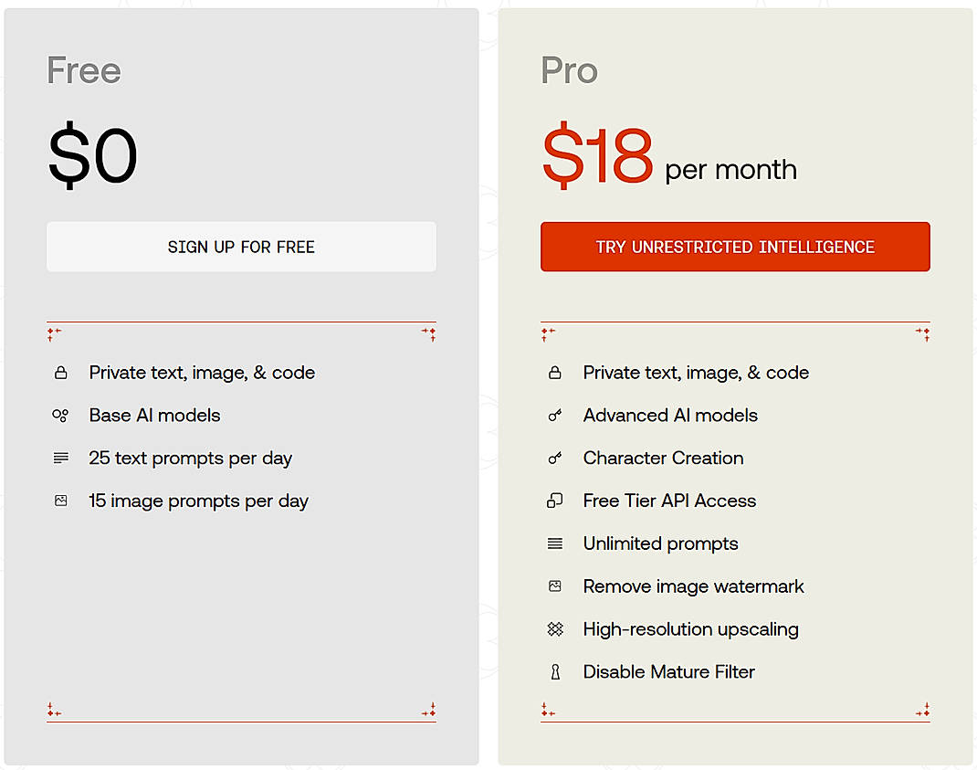 Pricing screenshot
