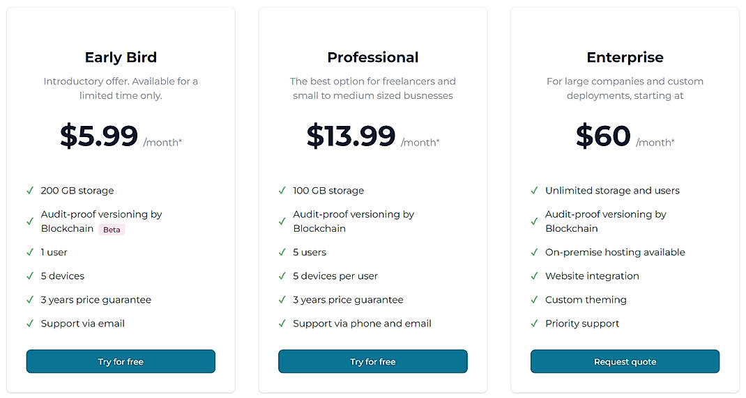 Pricing screenshot