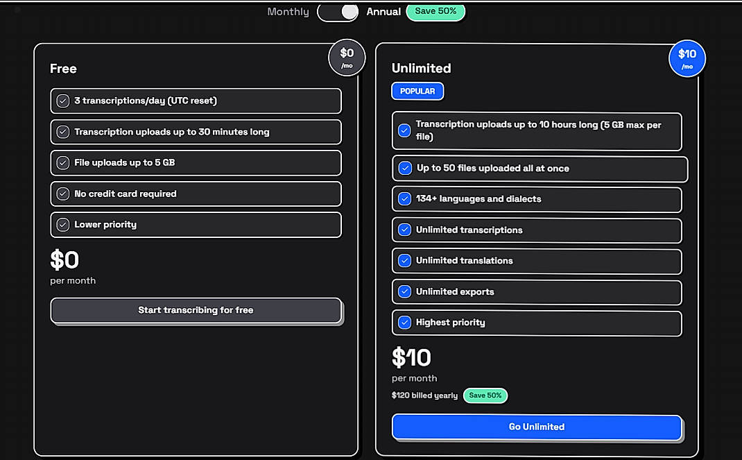 Pricing screenshot