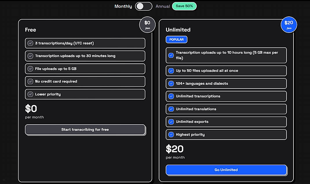 Pricing screenshot